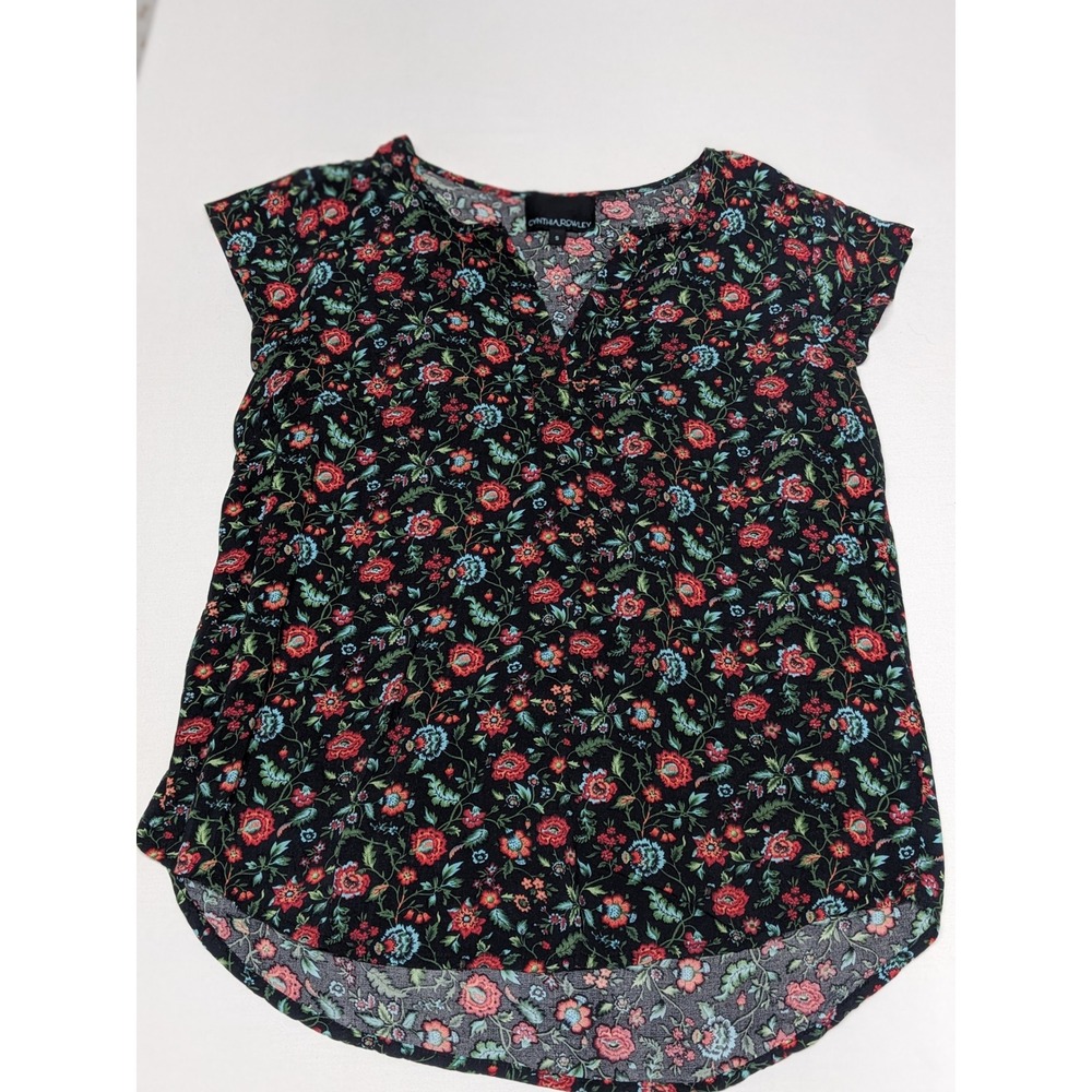 Cynthia Rowley Womens Floral Split V-Neck Rayon Blouse Black Red Small